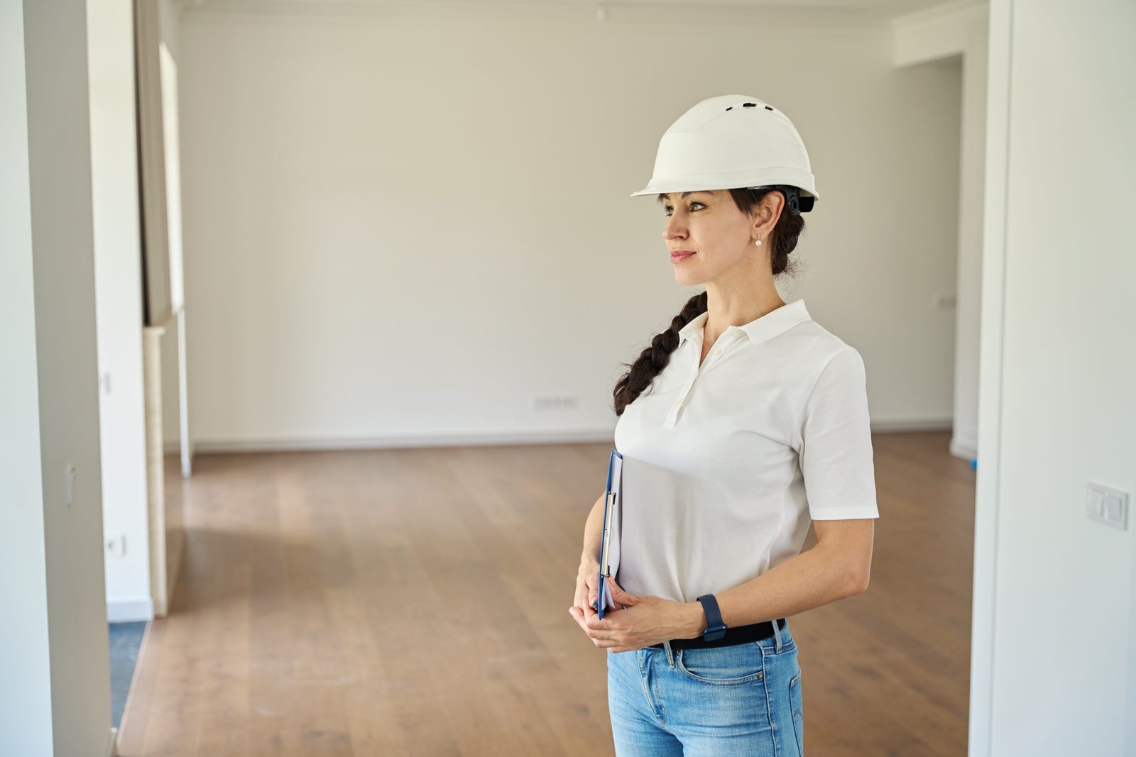 Adult female architect in a hard hat, holding a clipboard, standing in an empty modern interior space, emphasizing expertise in property appraisal and valuation services.