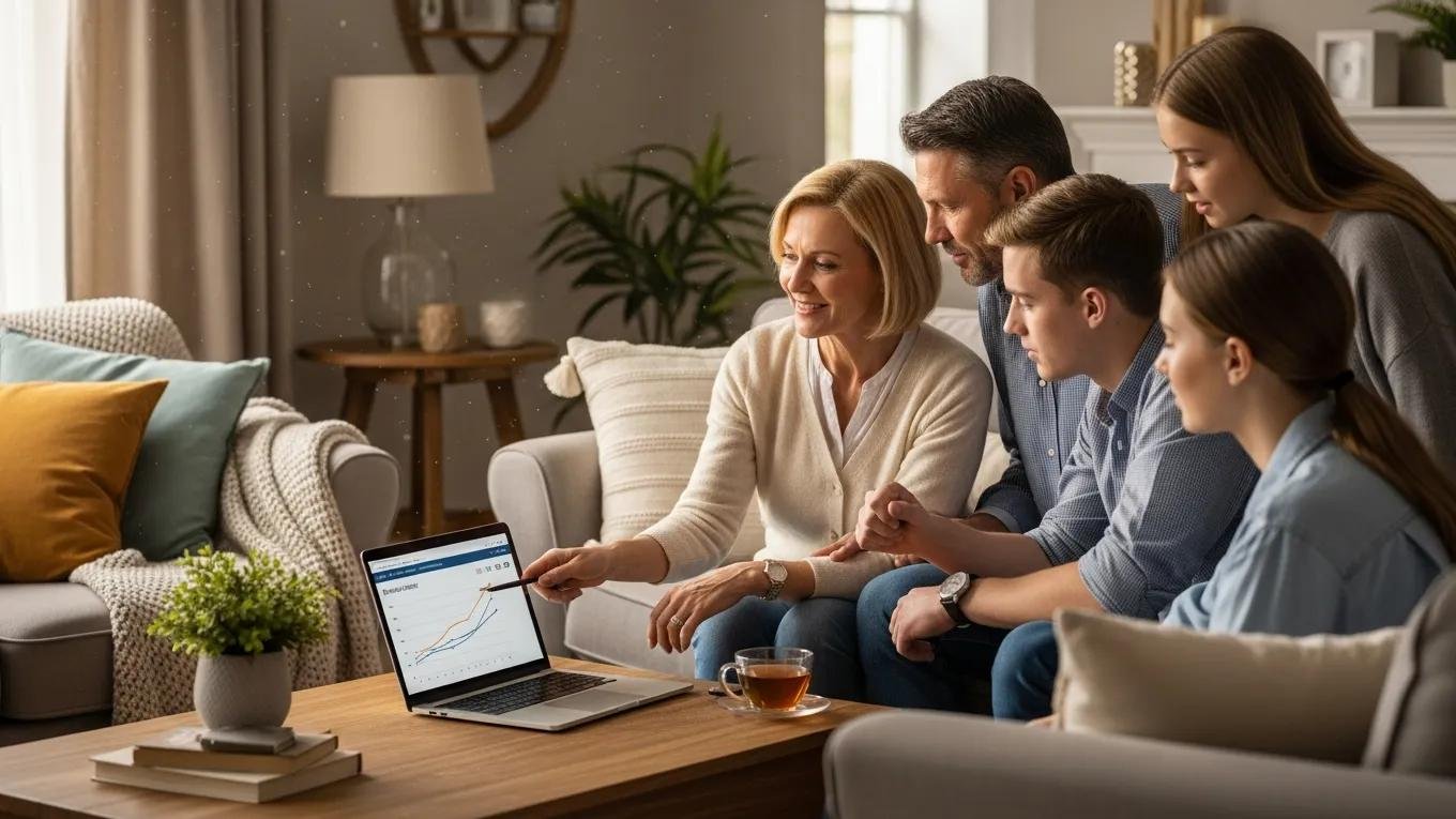 Family discussing property values in a cozy living room, analyzing real estate data on a laptop, highlighting the Sales Comparison Approach for residential valuation.