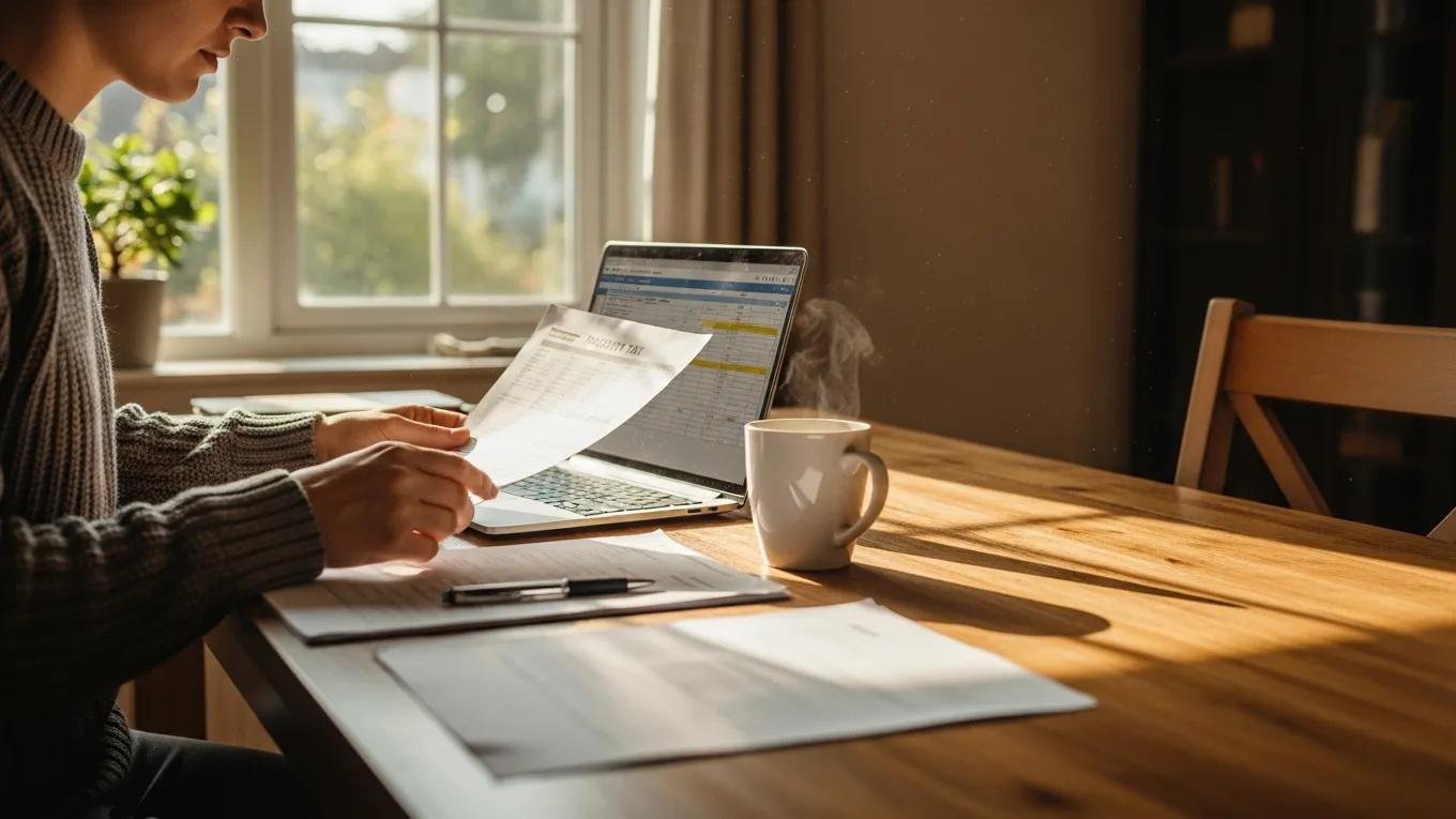 Homeowner reviewing property tax documents at a kitchen table with a laptop and coffee, emphasizing the property tax appeal process.