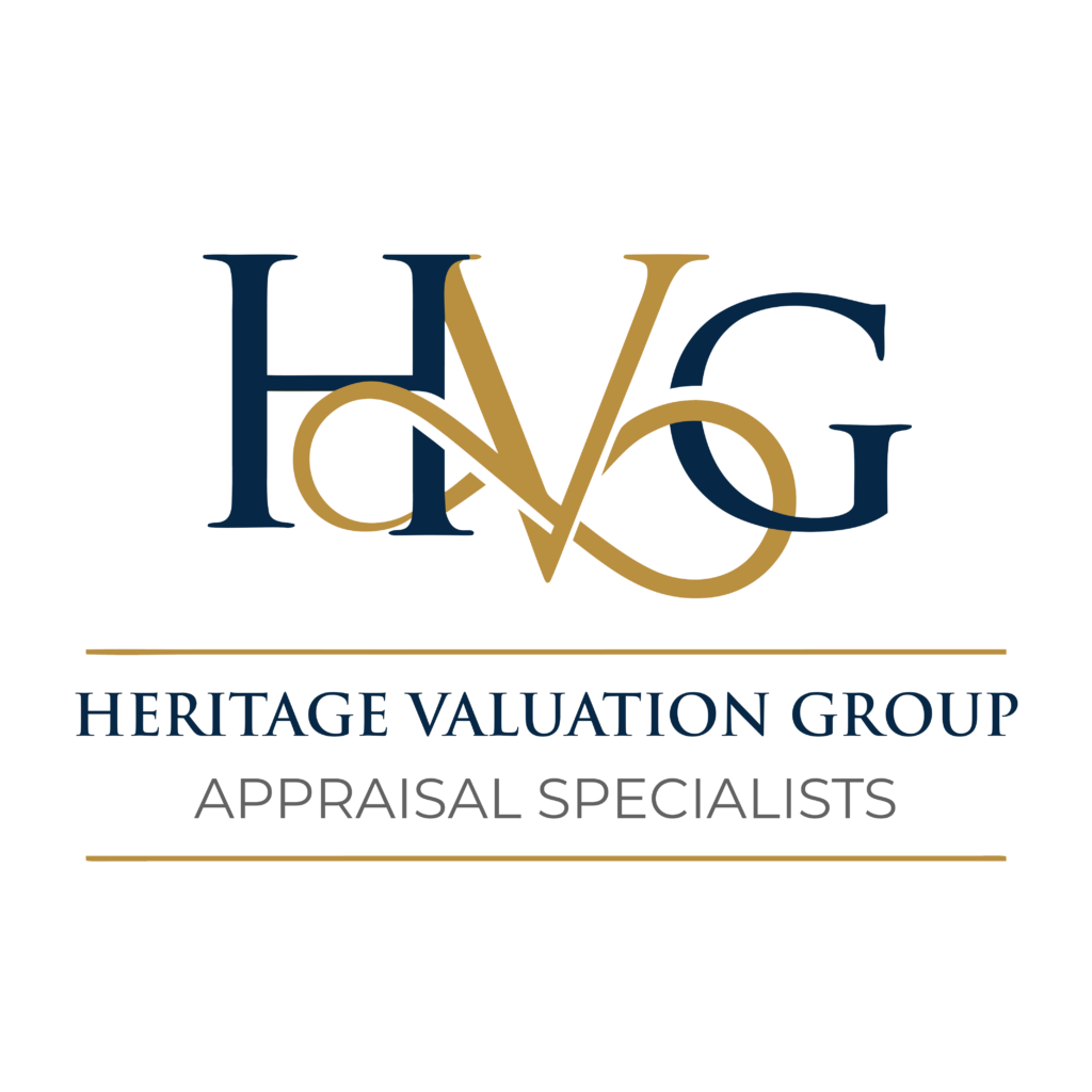 Heritage Valuation Group logo featuring "HVG" in blue and gold, with the full name and "Appraisal Specialists" beneath, symbolizing expertise in property appraisal across Connecticut and Florida.