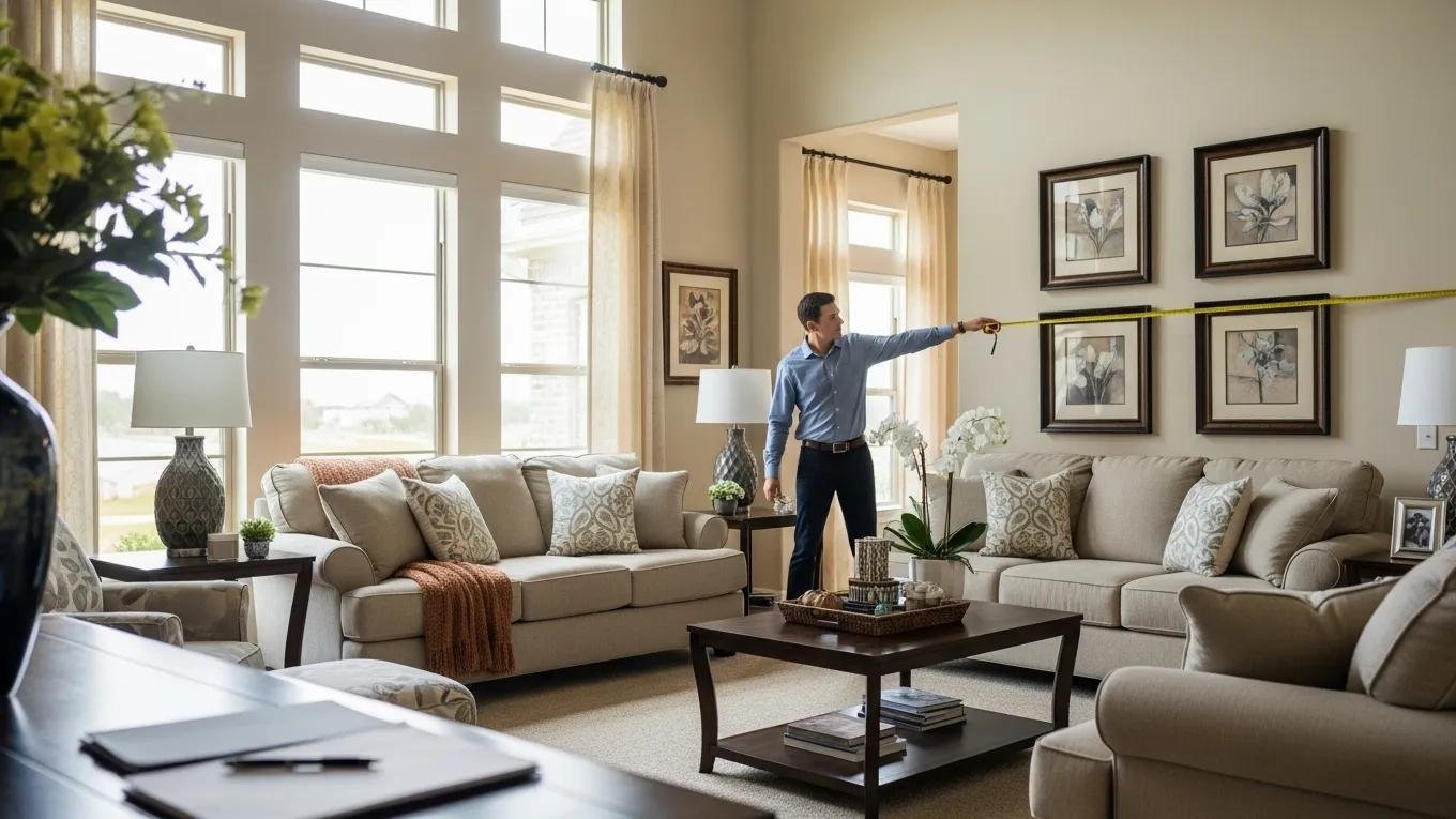 Real estate appraiser measuring a living room during a full interior appraisal