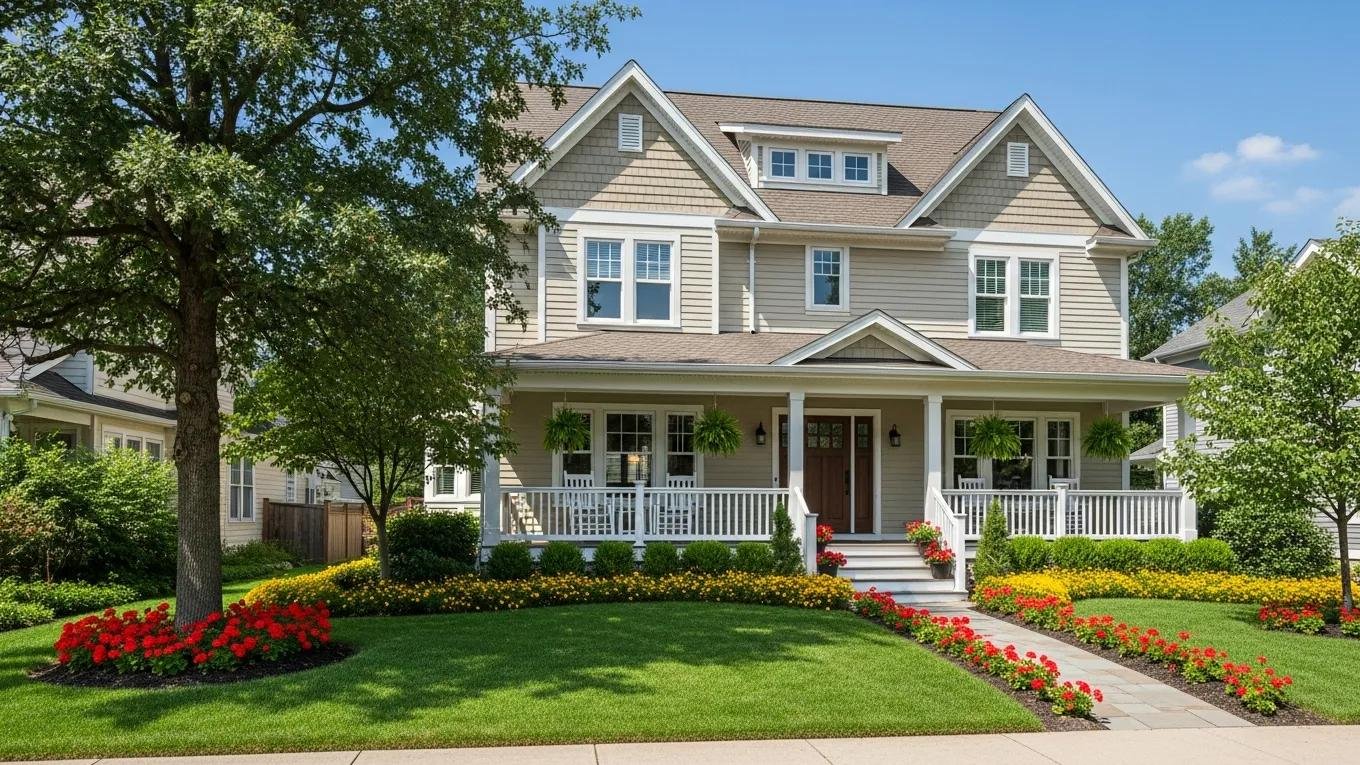 Residential home with landscaped garden, showcasing features relevant to property appraisal, including a welcoming porch and vibrant flower beds.