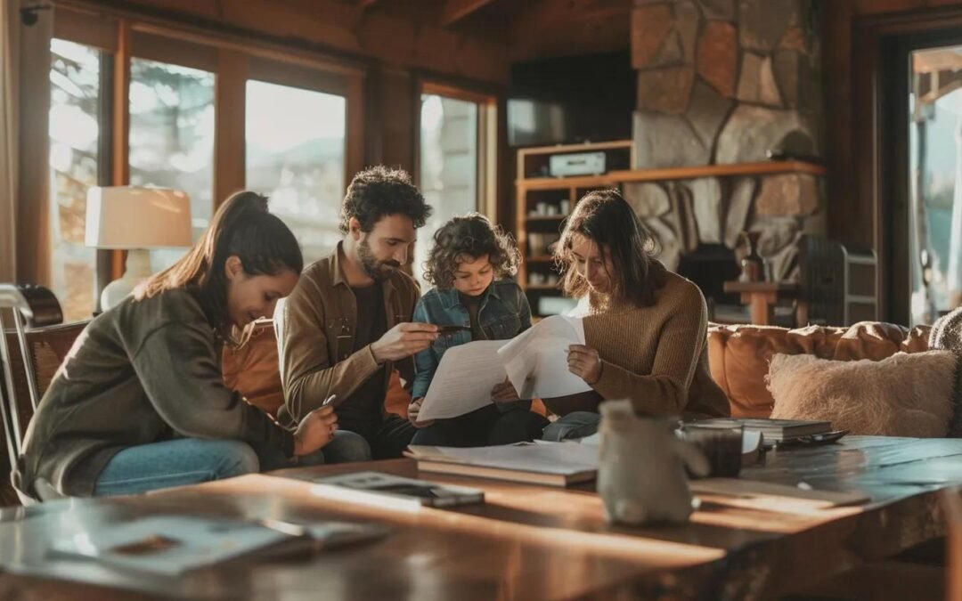 Group of individuals reviewing documents together in a cozy living room setting, emphasizing collaboration and discussion related to property appraisals and refinancing.