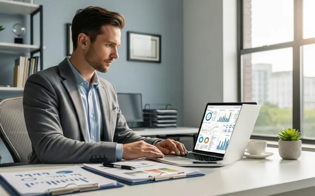 Professional appraiser analyzing property data on a laptop in a modern office setting, with charts and graphs displayed, emphasizing accurate property valuation services.