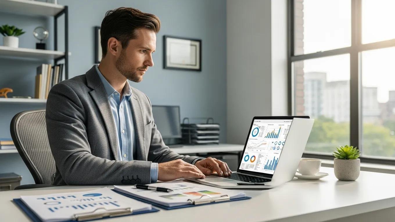 Man analyzing property data on a laptop in a modern office setting, highlighting appraisal charts and graphs for accurate property valuation services related to estate, tax, and divorce matters.