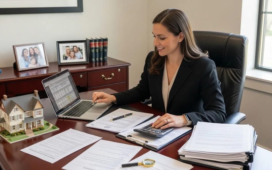 Professional woman reviewing estate documents and appraisal reports on a laptop in an office, with a miniature house model and paperwork on the desk, reflecting the probate appraisal process.