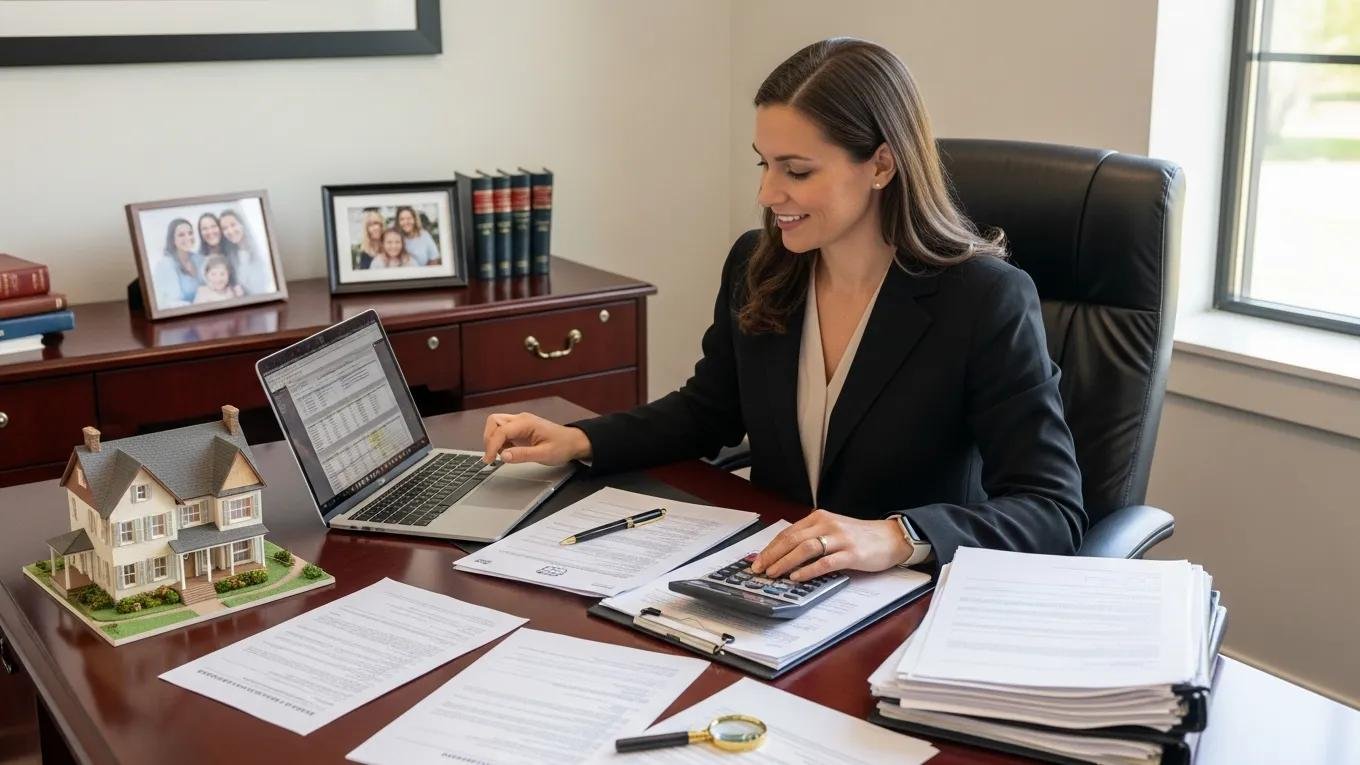 Executor reviewing estate documents and appraisal reports in a professional setting