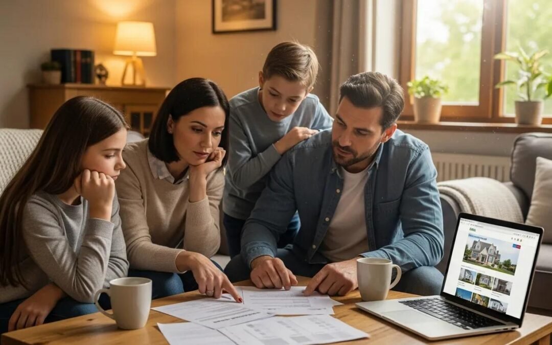 Family discussing home appraisal documents in a cozy living room with a laptop displaying property listings and coffee mugs on the table.