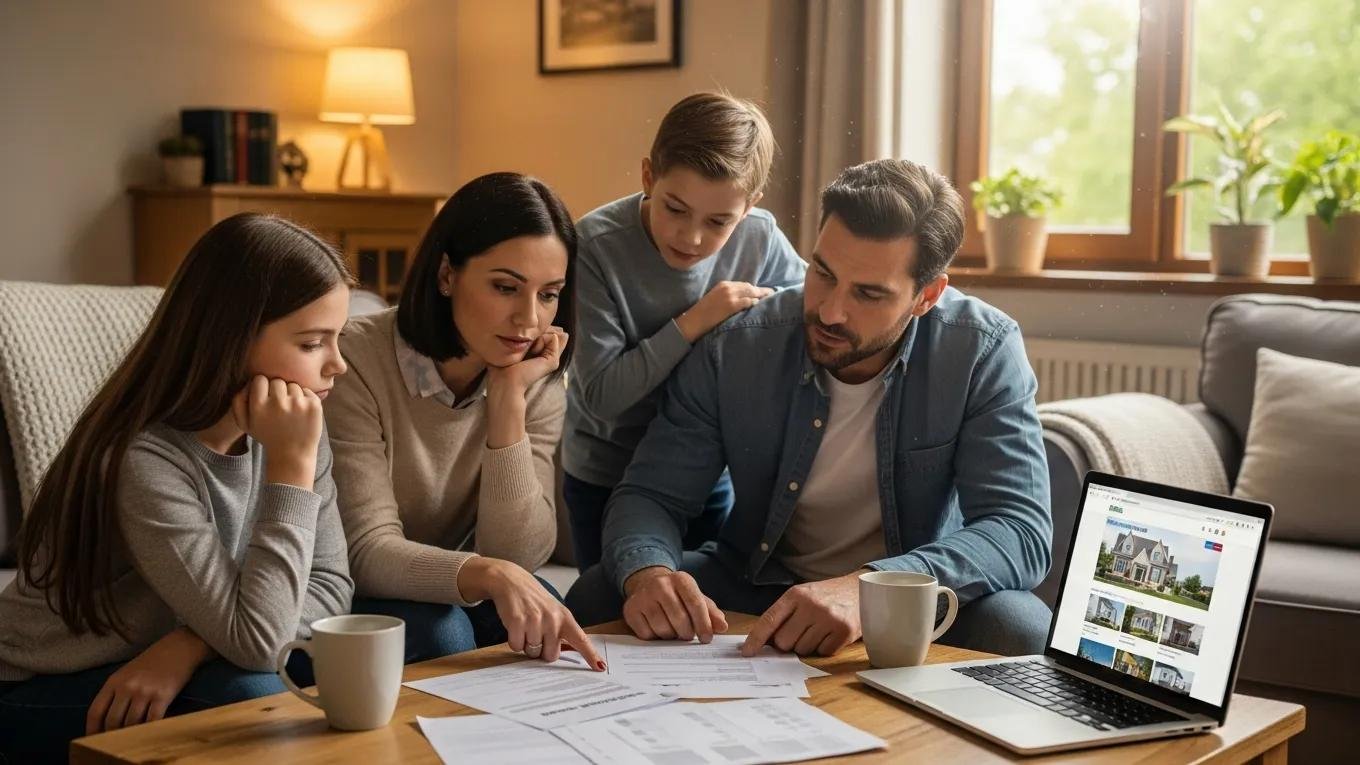 Family discussing home appraisal documents in a cozy living room, reviewing property values and appraisal processes with a laptop displaying real estate listings.