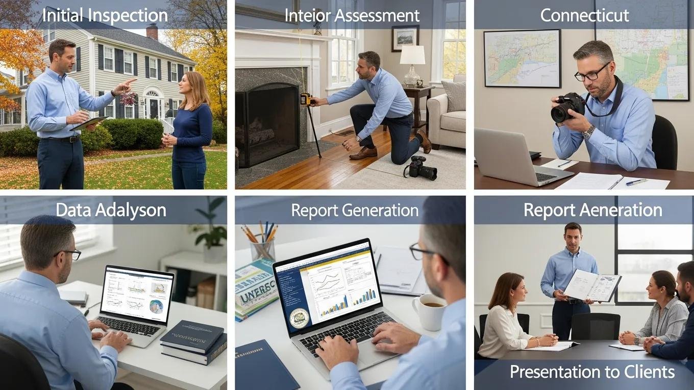 Illustration of the residential property appraisal process in Connecticut, featuring initial inspection, interior assessment, data analysis, report generation, and presentation to clients.