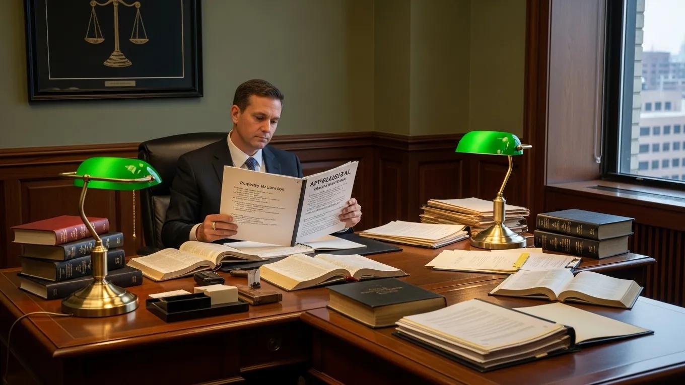 Legal professional reviewing appraisal documents in a law office, surrounded by books and paperwork, emphasizing the importance of accurate property valuations for legal purposes.