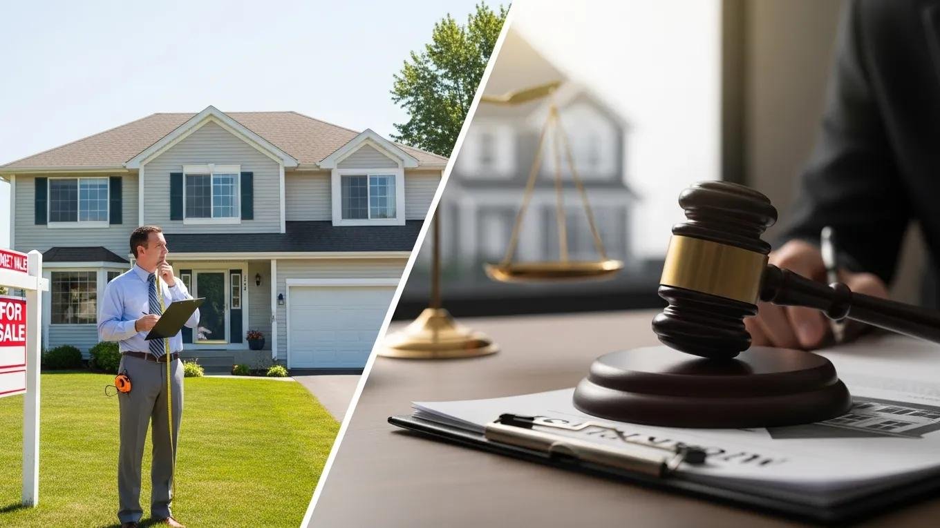 Residential property appraiser evaluating a house for sale, with a legal gavel and documents symbolizing estate and legal appraisals.