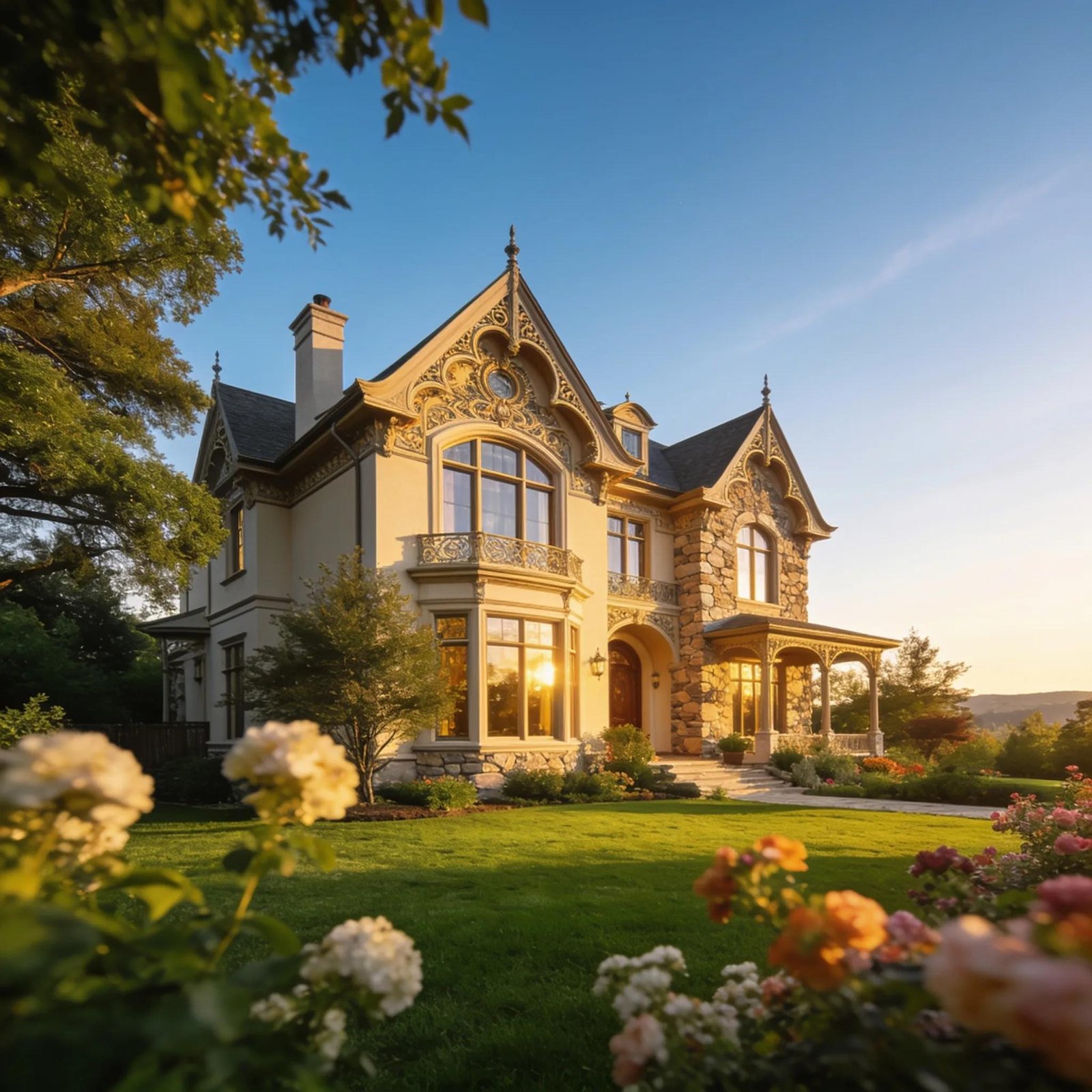 Luxurious custom home showcasing unique architectural features in an appealing outdoor setting