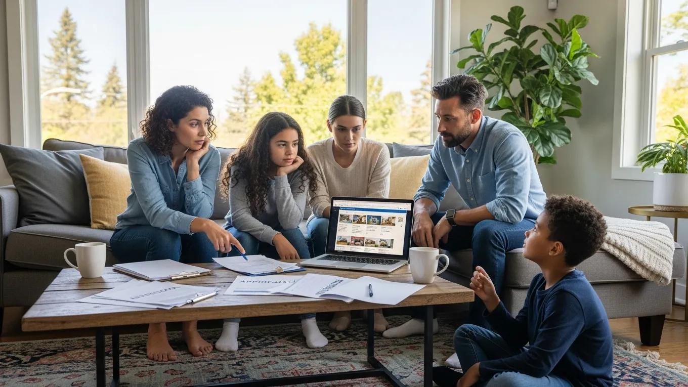 Family discussing home valuation in a cozy living room with appraisal documents and a laptop
