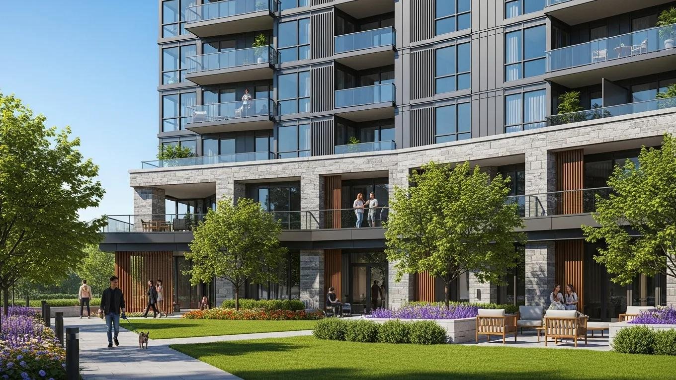 Modern condo building with lush landscaping and community atmosphere