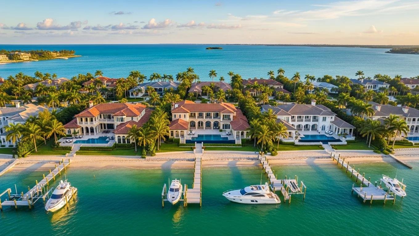 Aerial view of luxury waterfront properties in Naples, Florida, highlighting upscale homes and beautiful coastal scenery