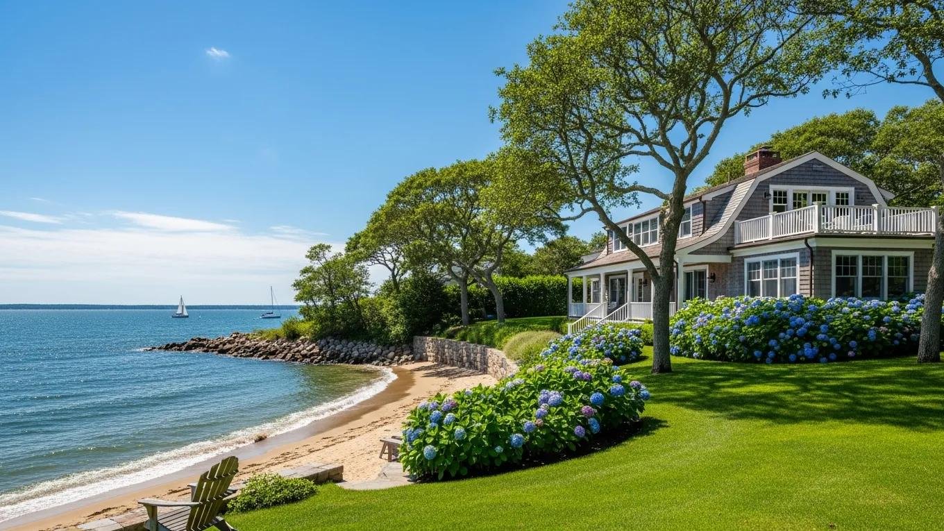 Coastal waterfront property in Connecticut with clear skies and gentle waves