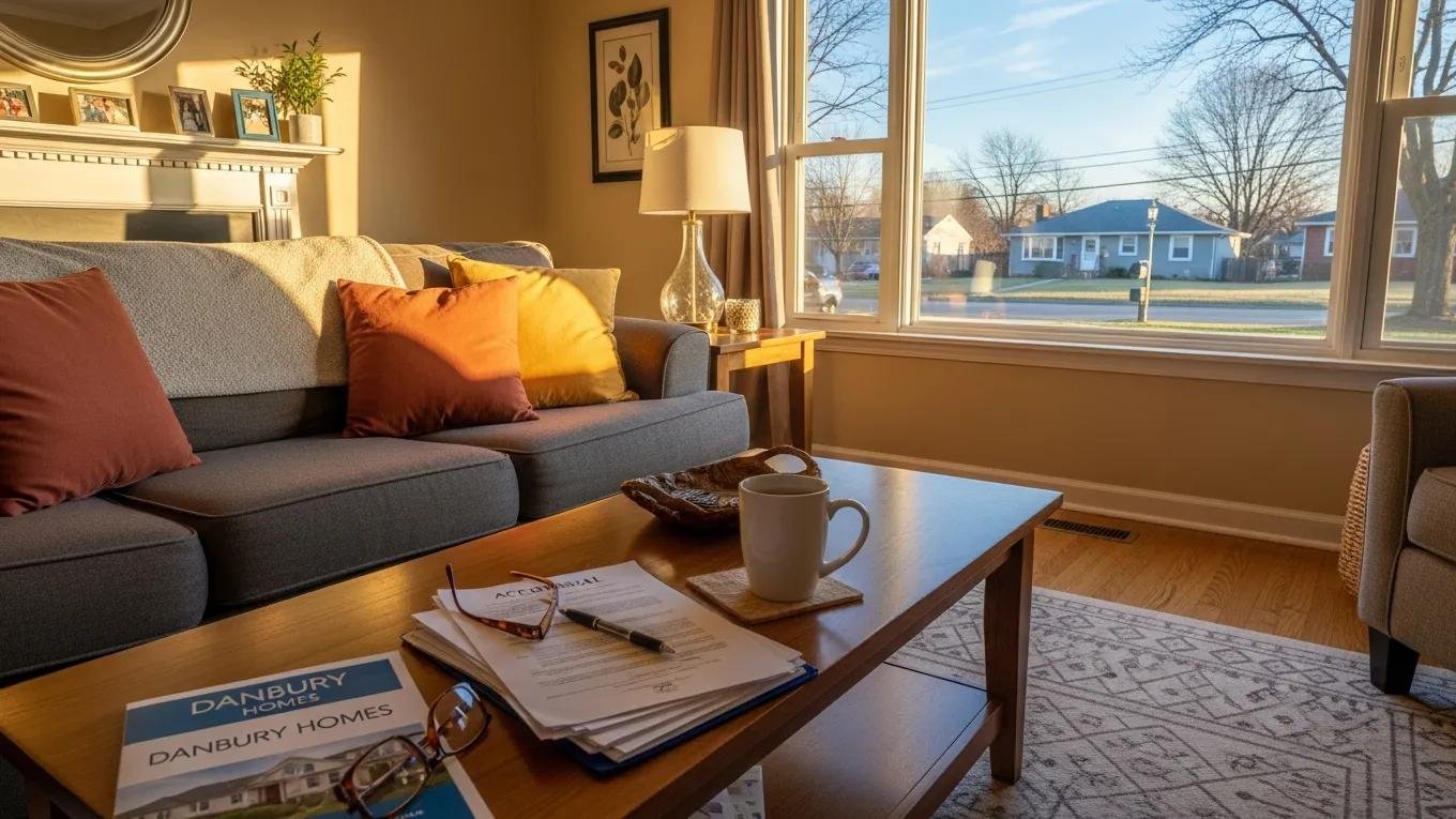 Cozy living room in a Danbury home with appraisal documents on the coffee table