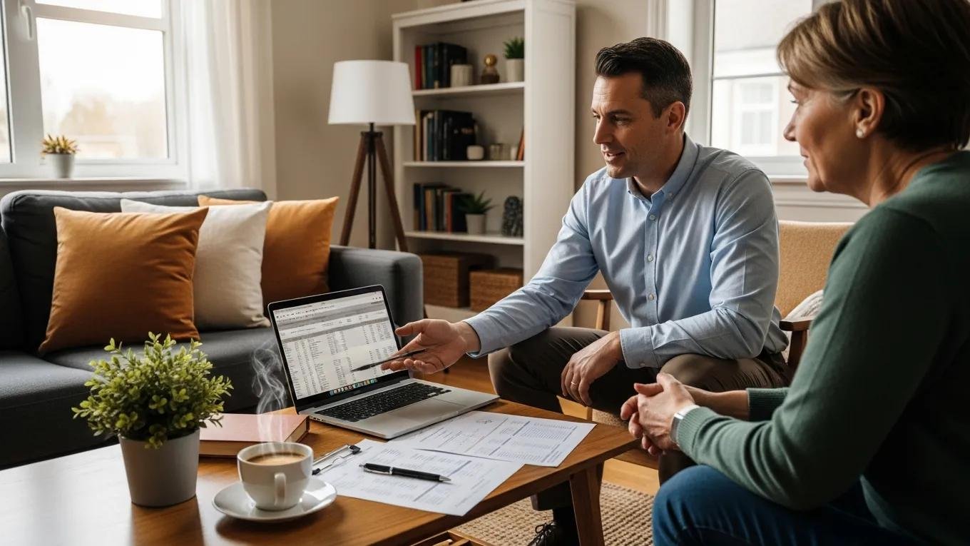 Cozy living room scene with an appraiser and homeowner discussing property valuation