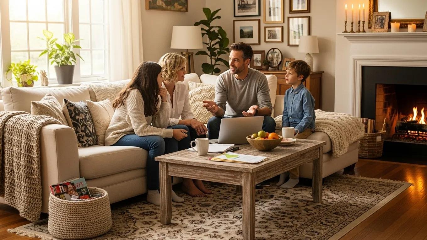 Family discussing home appraisal in a cozy living room