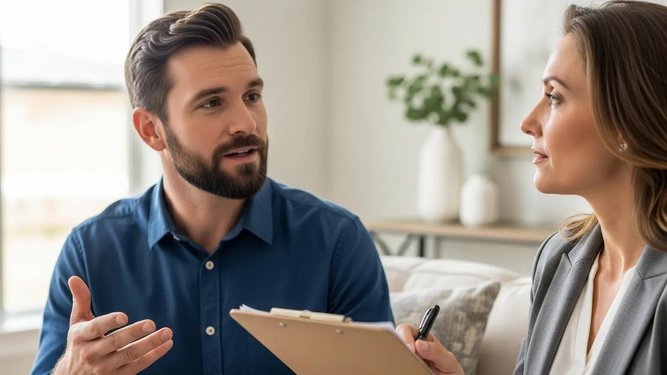 Two people calmly discussing a home appraisal