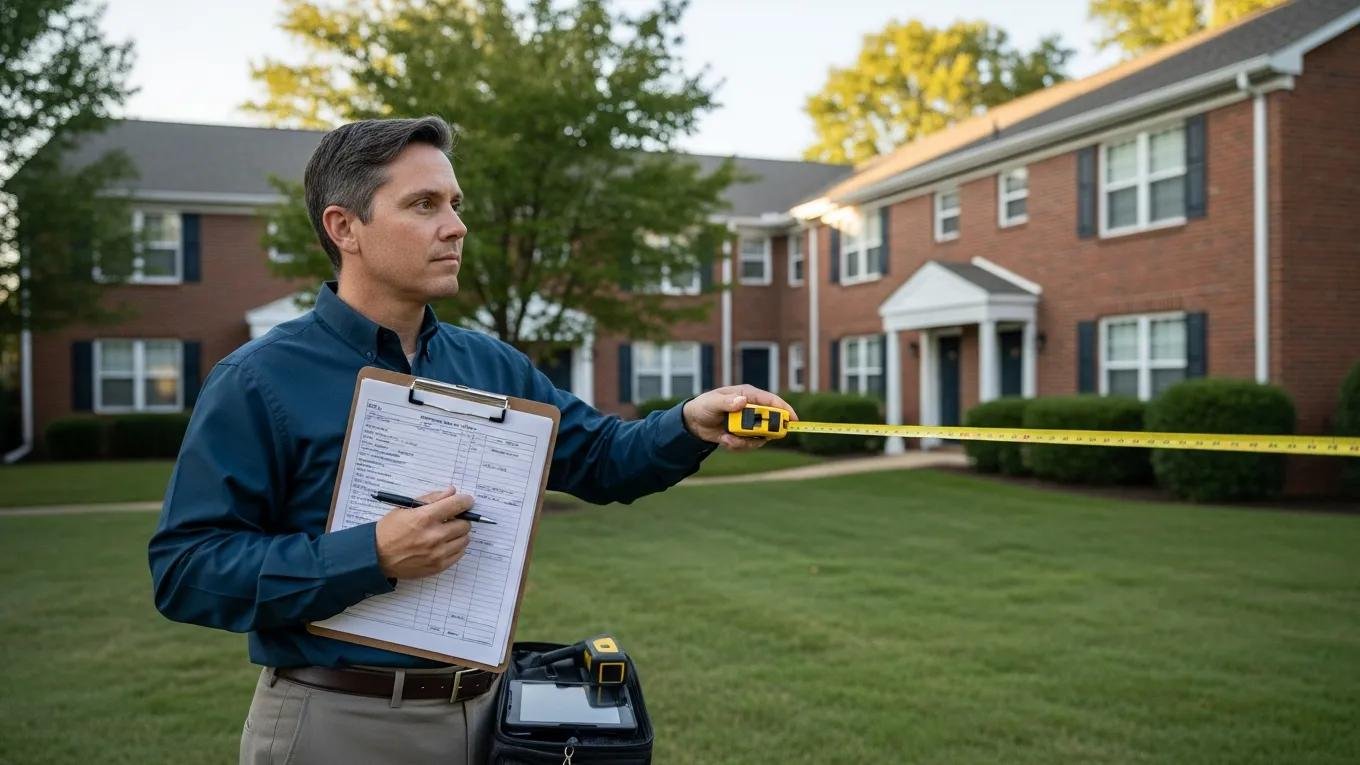 Appraiser measuring a brick multi-family building