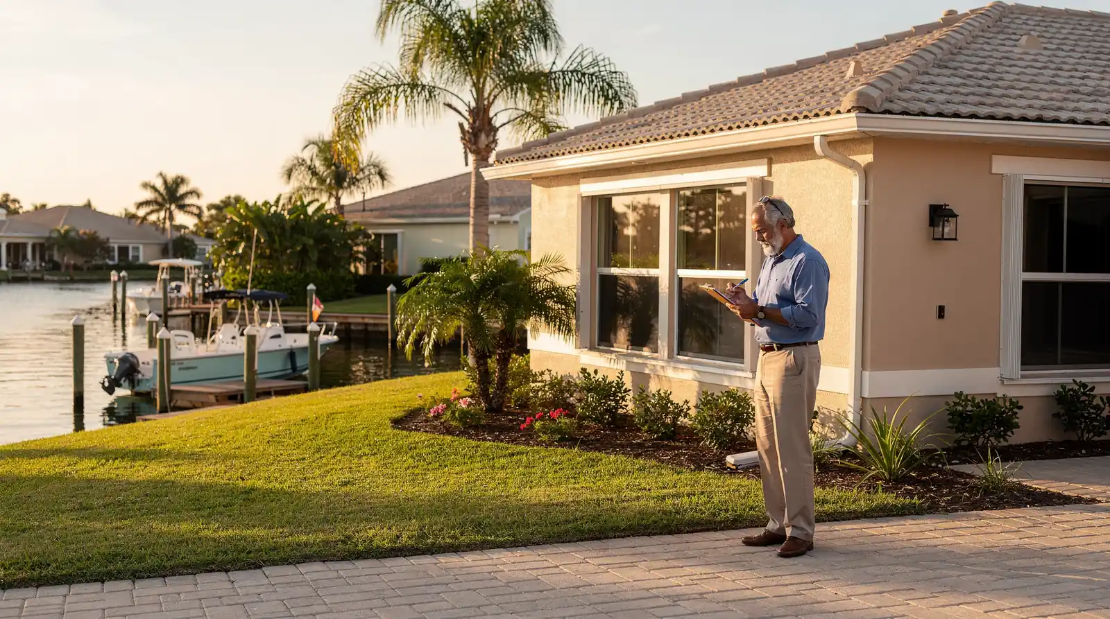 Appraiser reviewing a home near a canal in Punta Gorda, Florida