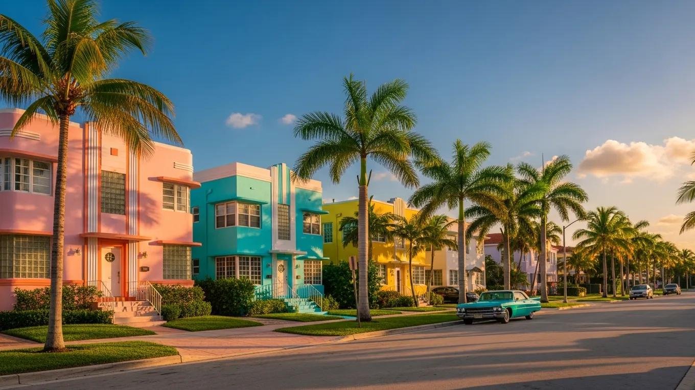 Vibrant Miami residential neighborhood with colorful houses and palm trees